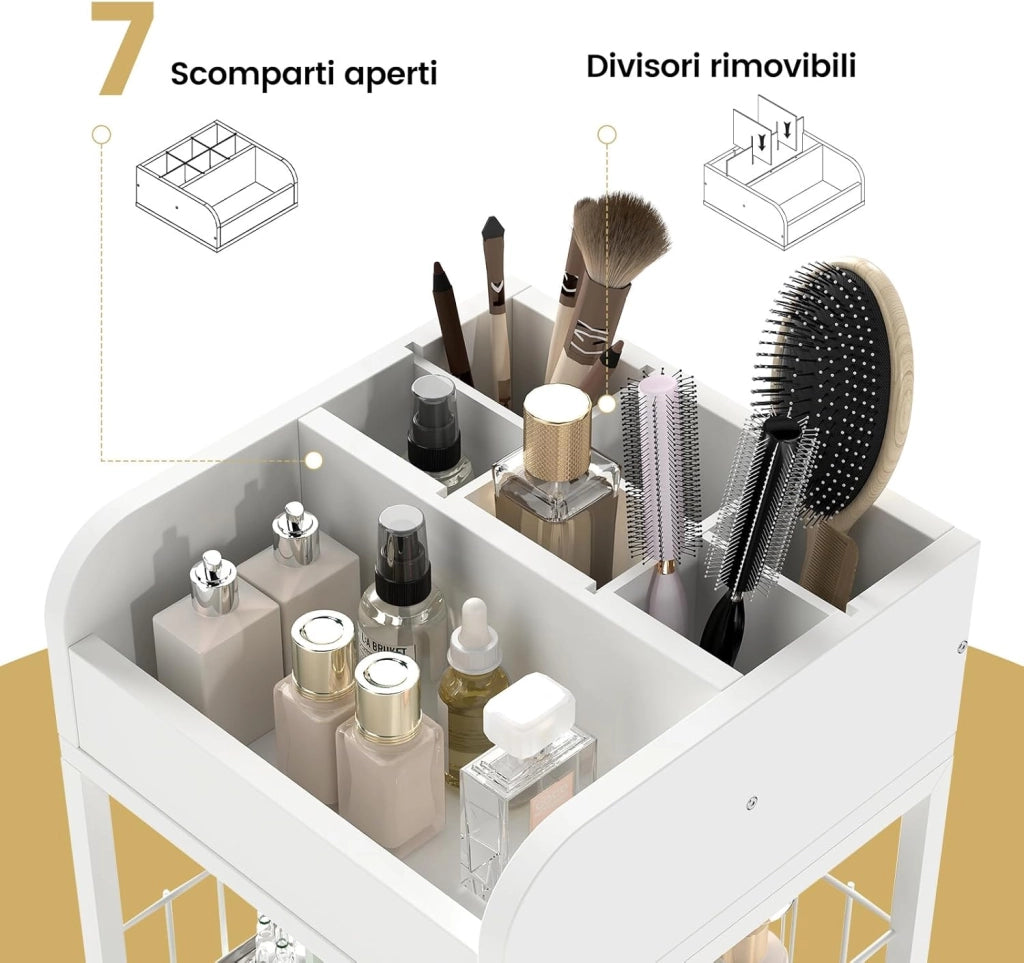 Carrello porta trucchi, organizer per cosmetici con cassetti, ruote e ripiani, carrello multiuso per prodotti per la cura della pelle, smalti per unghie, profumi, bianco 30 x 30 x 90 cm