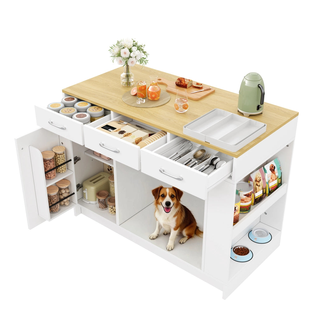 Carrello da cucina con 3 cassetti, 1 porta spezie, ripiano regolabile e area per animali, bianco