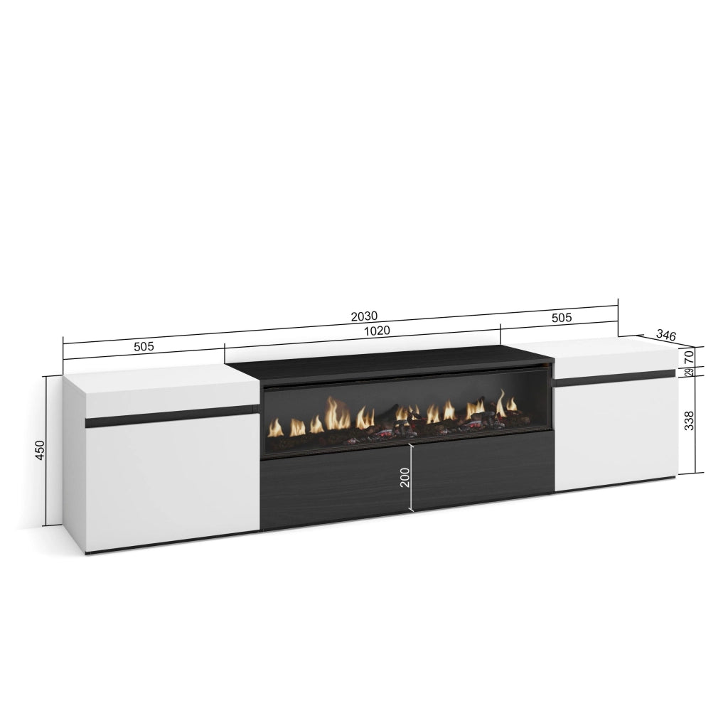 Mobile TV, 200x35x45cm, soggiorno, Per TV fino a 80", Camino elettrico, Bianco e nero RF2169