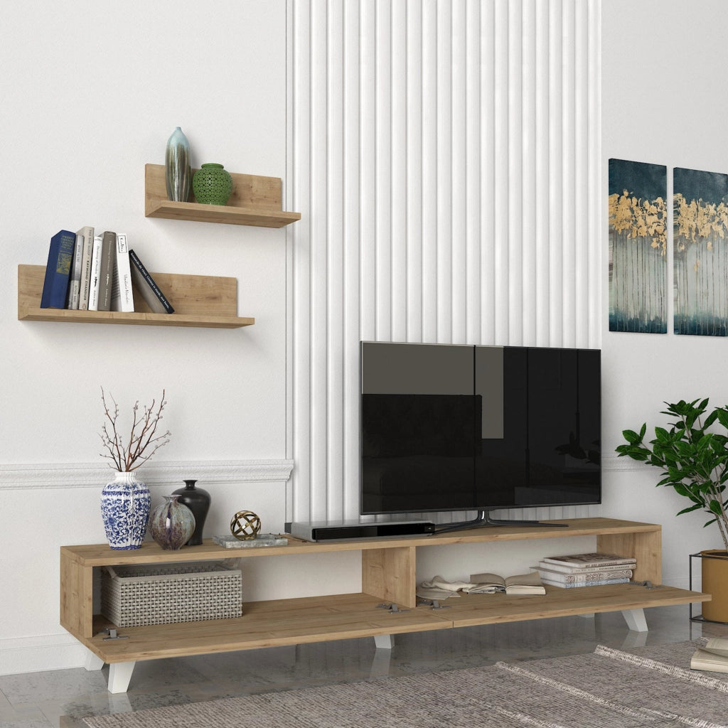 Set di Mobile TV e 2 Mensole da Muro Armadietto Porta TV 180 cm con 2 Ante a Ribalta e Mensole a Forma di L Lunghezze Diverse - Effetto Rovere [en.casa]