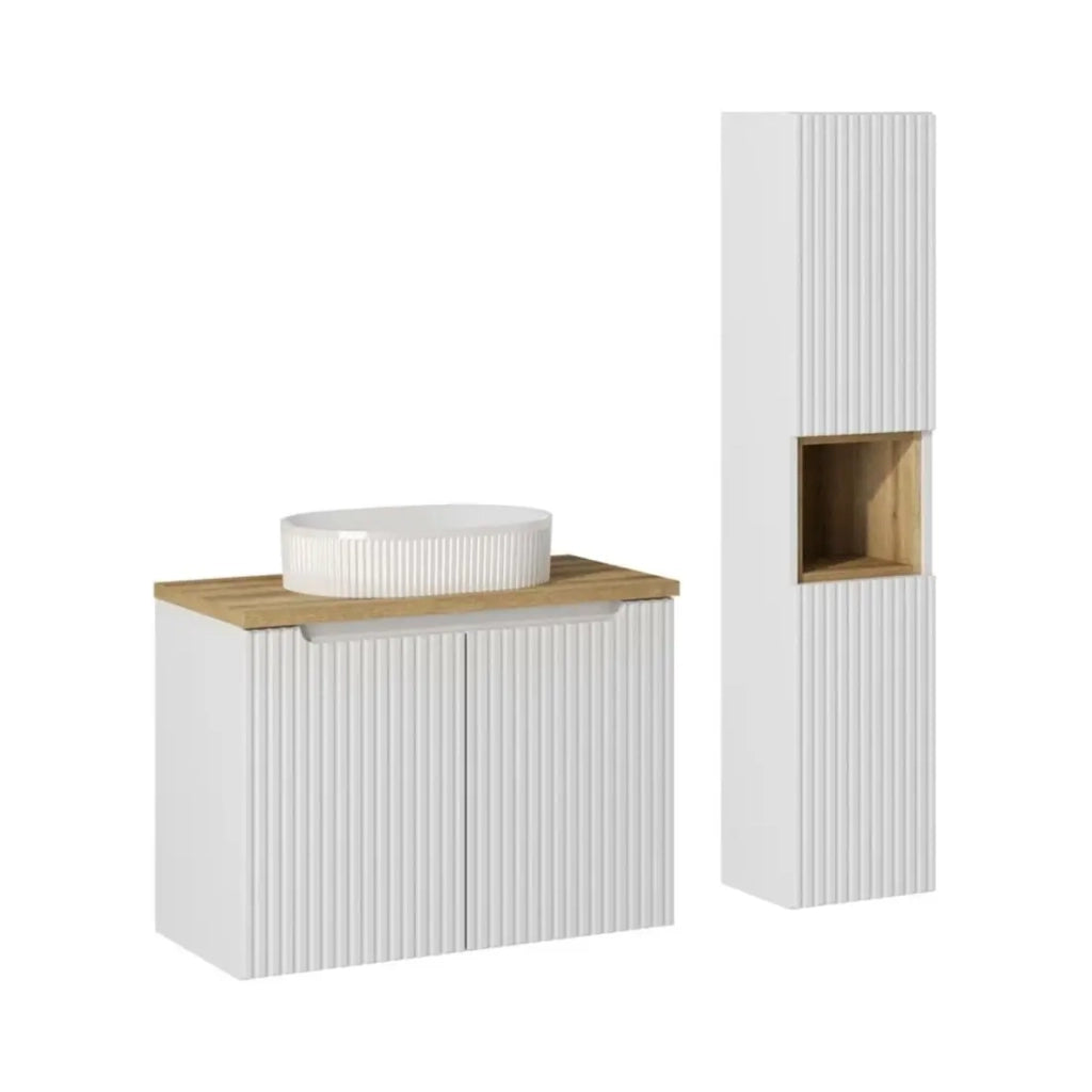 Insieme VANO bianco 110cm: mobile sotto lavabo con armadietti + piano per lavabo + lavabo da appoggio scanalato bianco + colonna