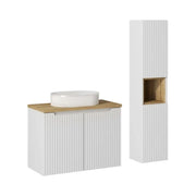 Insieme VANO bianco 110cm: mobile sotto lavabo con armadietti + piano per lavabo + lavabo da appoggio scanalato bianco + colonna