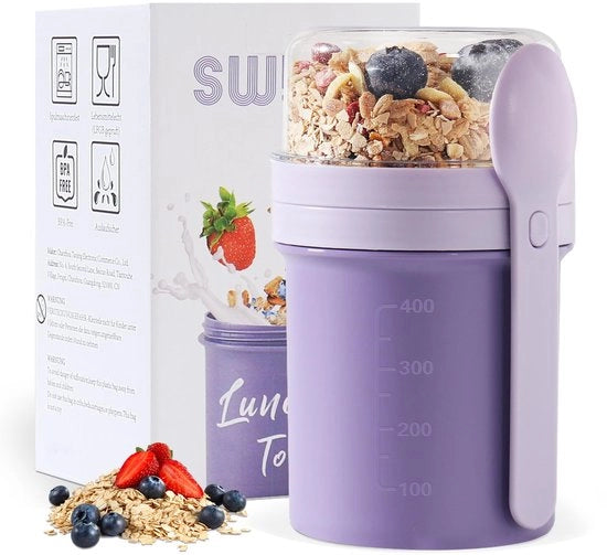 Coppa Muesli e Yogurto da Portare, 450ml + 250ml, Coppa Yogurto da Portare con Coperchio, Coppa Muesli e Yogurto da Portare per Muesli e Yogurto, Coppa Muesli da Portare senza Bocchetta, Borsa di Pranzo (Vivace Lilla)