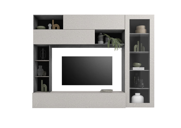 Parete Attrezzata Design Contemporaneo 277x40x210 cm con Anta Vetro Pratiko Ghisa e Pietra