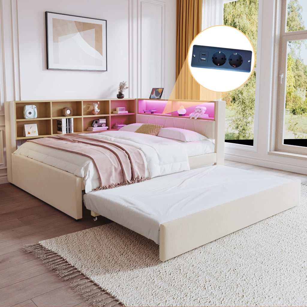 DESMIU Divano letto 140 × 200 cm 2 posti con letto estraibile 90 × 190 cm, LED, USB, tipo C e presa, senza materasso, beige