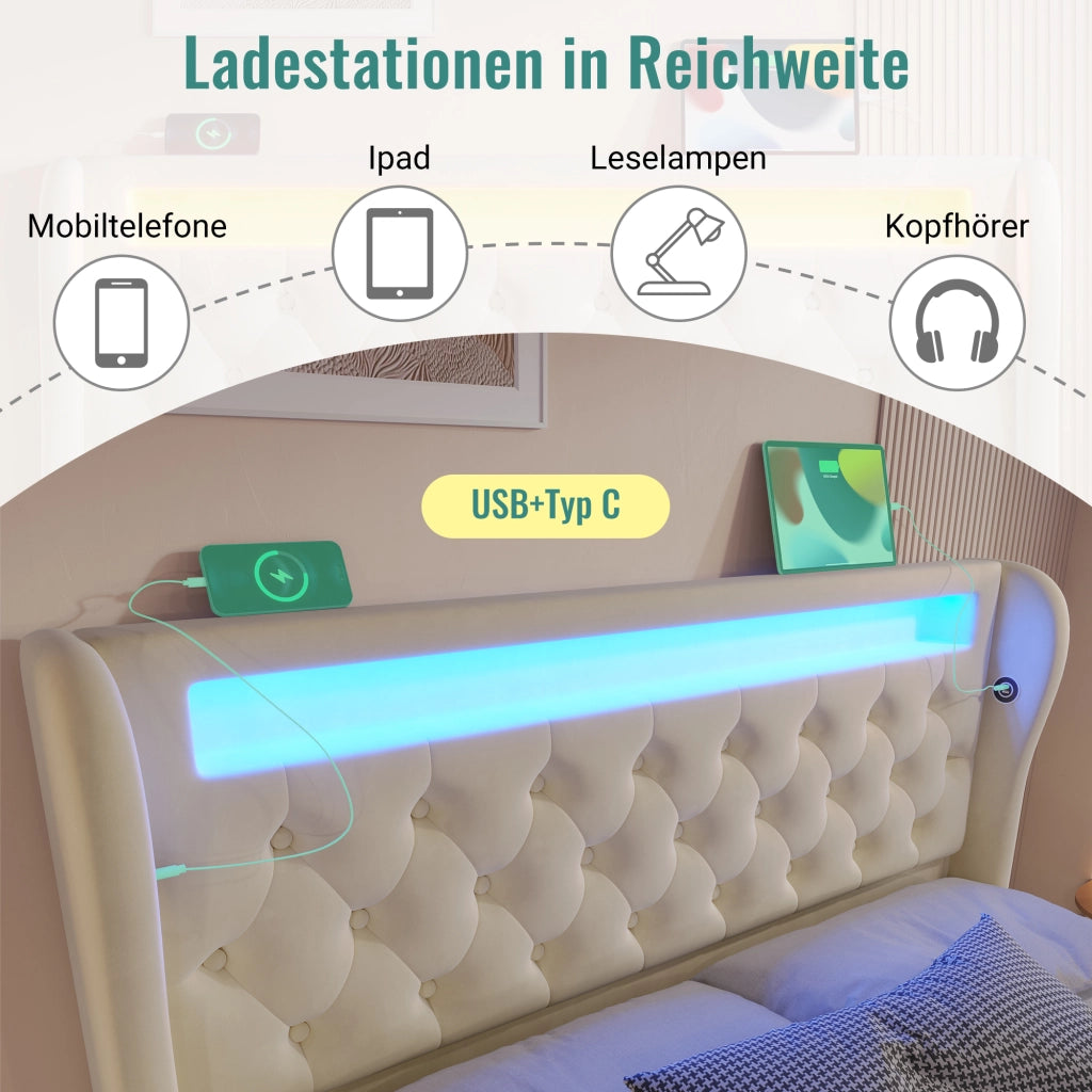 LETTO contenitore 140x190 cm in velluto beige con LED, USB e Type-C