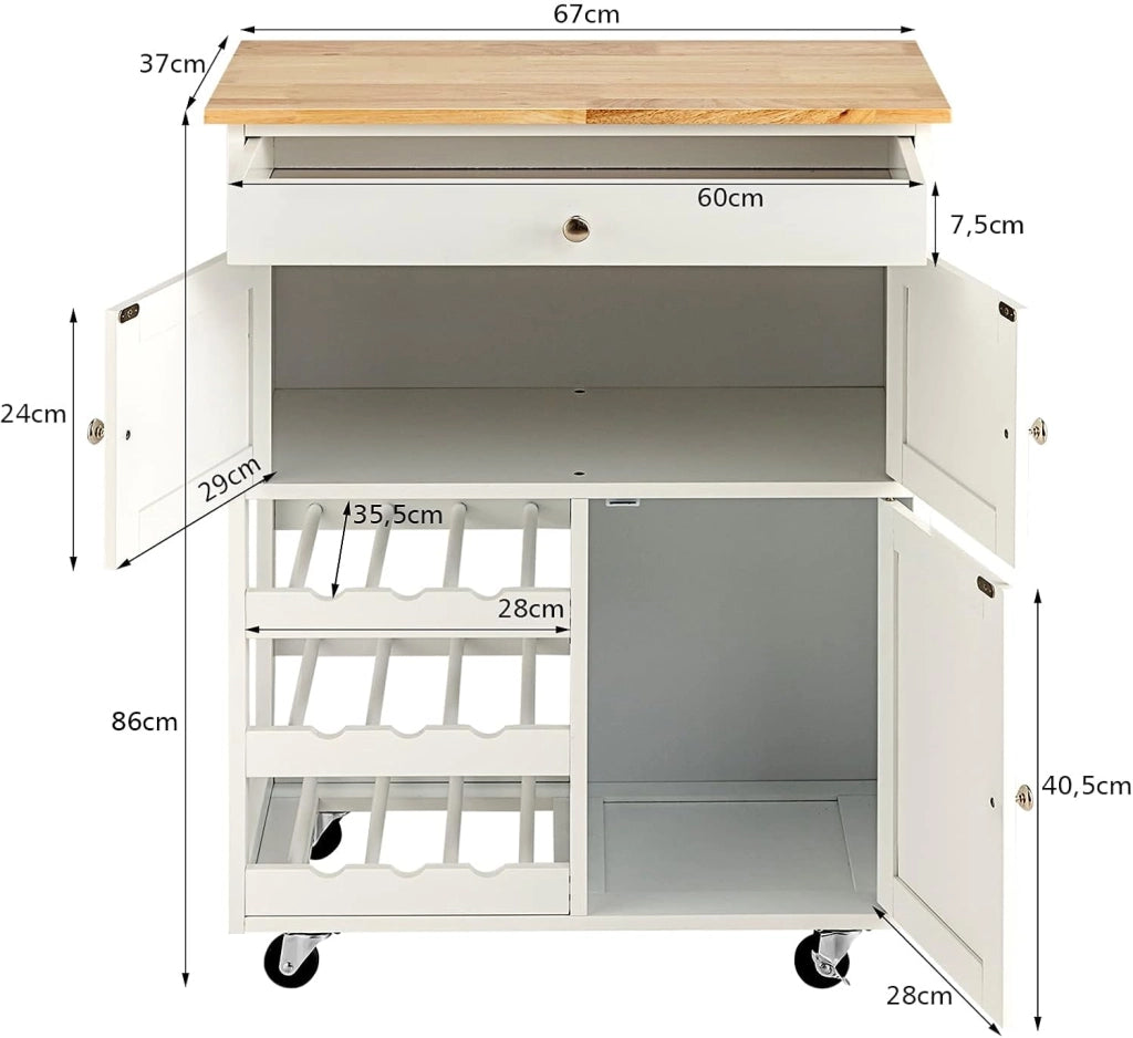 Carrello da Cucina, con Portabottiglie Tre Ante e Ruote, Credenza Cucina in Legno di Pino e MDF, Ideale per Soggiorno, 67 x 37 x 86 cm (Bianco)