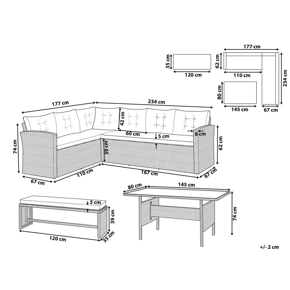Set da pranzo ad angolo da giardino grigio finto rattan con cuscini divano panca tavolo rettangolare piano in vetro 80 x 145 cm vimini