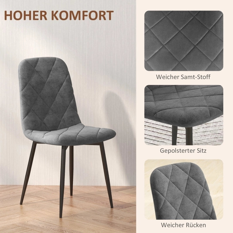 Set di 4 sedie da pranzo moderne con schienale; effetto velluto grigio; struttura in acciaio