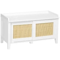 Panca Portascarpe, Mobile Contenitore, con Porta Scorrevole e Frontali in Vimini Intrecciato, 80 x 35 x 45 cm, Bianco