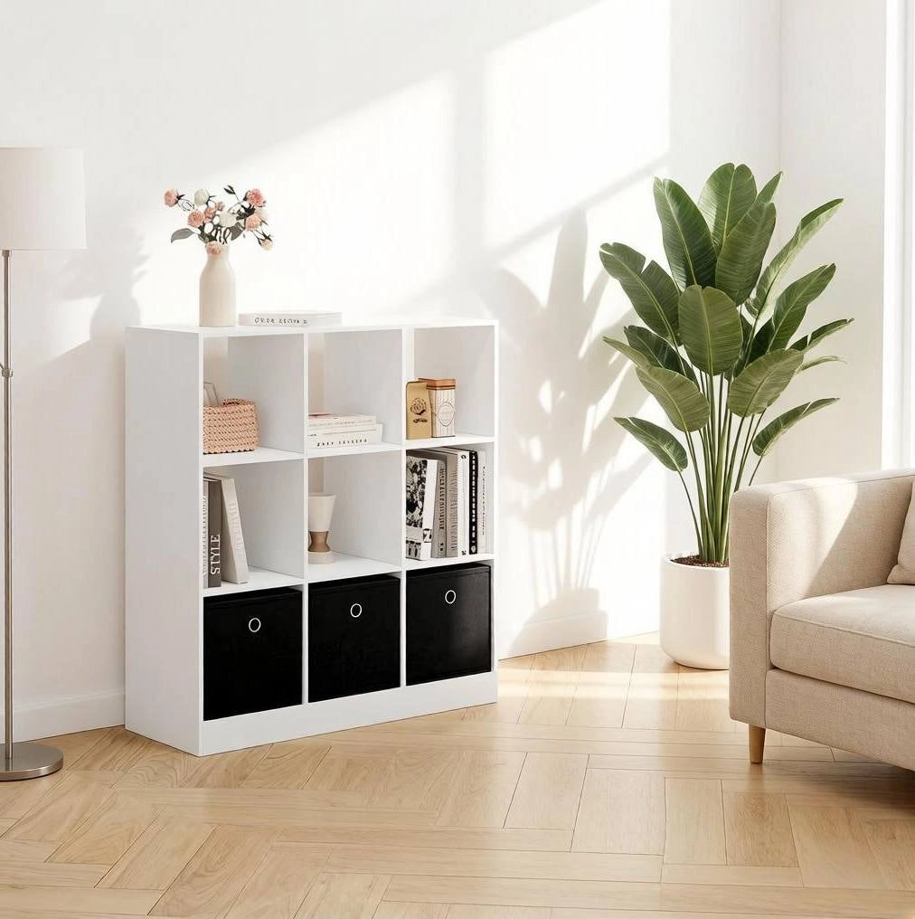 Libreria a cubi con 3 cassetti in tessuto, 80 x 86,5 x 30 cm