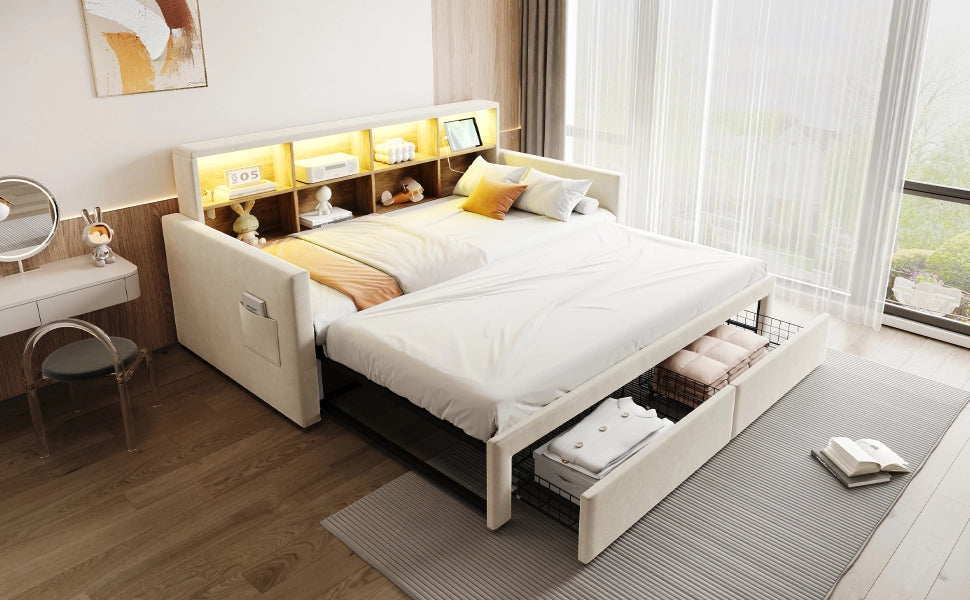 DESMIU Divano Letto 90 × 190 cm 1 posto con LED, prese USB e Type-C, 2 cassetti, senza materasso, in velluto beige
