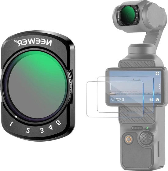 Compatibile con DJI Osmo Pocket 3 - Filtro ND variabile da 2 a 32 - 3 Magnetici - Regolabile - Stop limitati - Accessori per azione - Vetro ottico HD - Inclusi 2 schermi LCD protettivi.