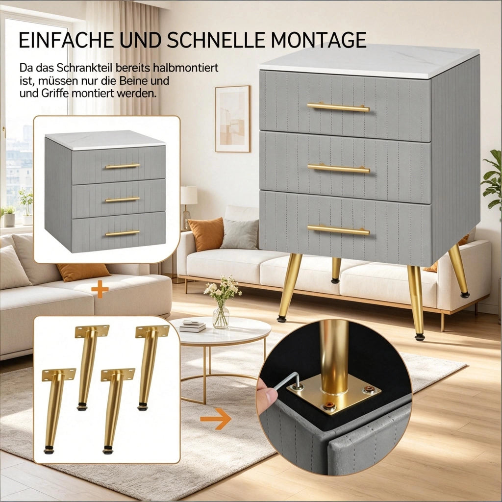Comodino moderno con 3 cassetti in MDF, velluto e legno con gambe in metallo, grigio, 40,5 × 41 × 62 cm
