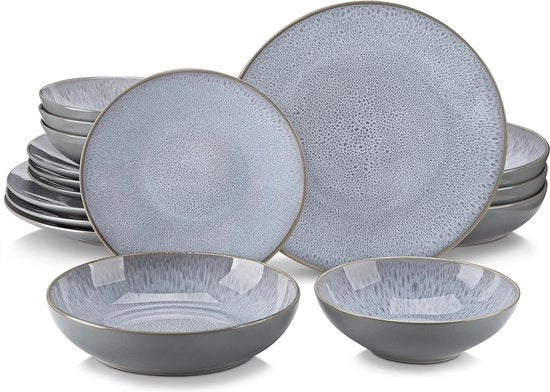 Set da tavola 8 persone - Grigio Relievo - Porcellana - 32 pezzi - Piatti da pranzo - Piatti da dessert - Tazza - Tazza per zuppe
