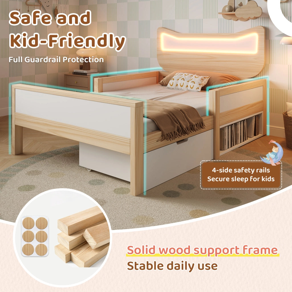 Letto singolo per bambini 90x190 cm con testiera gatto LED RGB; cassetto modulare; vani destra/sinistra e rete; bianco e rovere