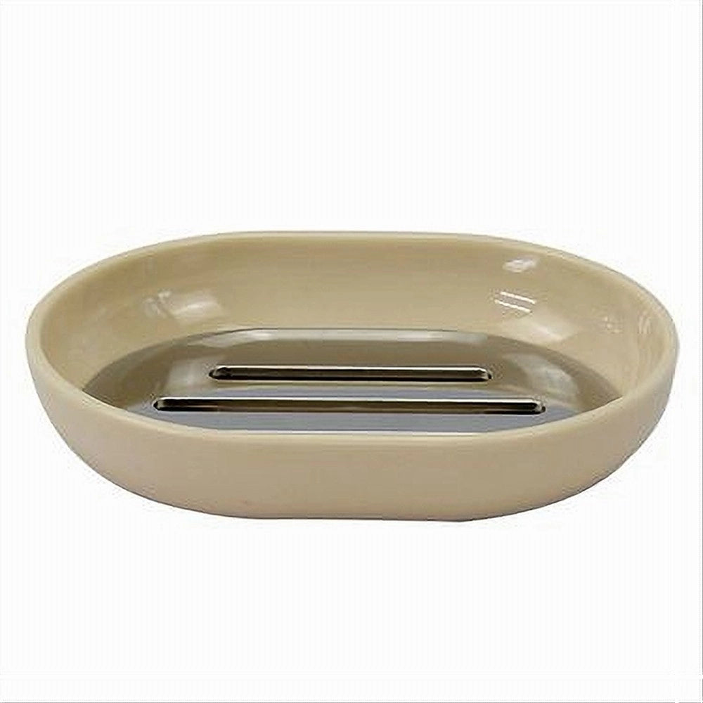 Trade Shop - Piattino Porta Sapone Saponetta Beige Silver Accessori Bagno 12.5 X 9.5 Cm 79883 -