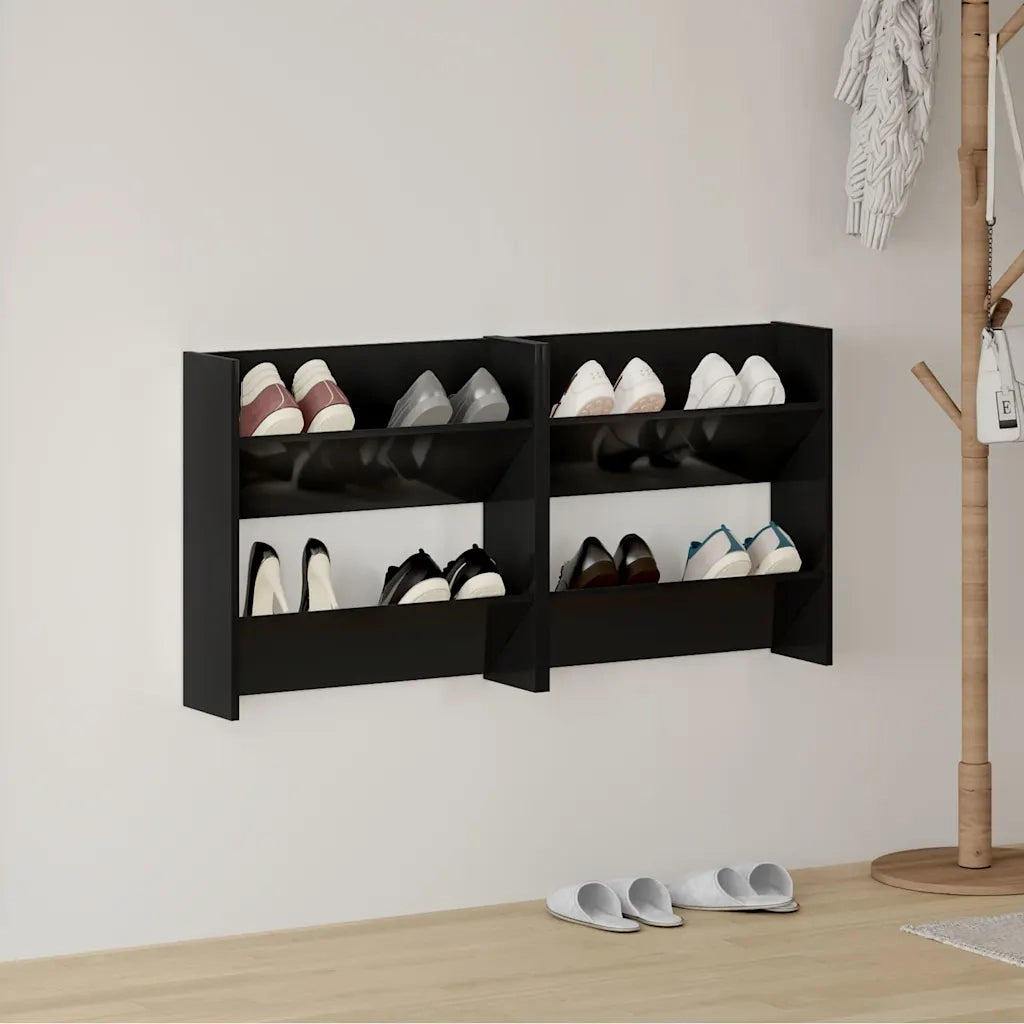 Scarpiere a Muro 2pz Nero Lucido 60x18x60cm Legno Multistrato 806736