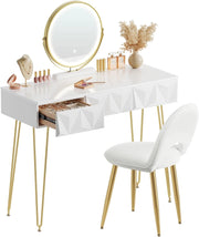 EUGAD Toeletta da Trucco con Luci LED, Luminosità Regolabile, Postazione da Trucco con Sedia in Velluto, con 3 Cassetti, Assemblaggio facile, Bianco e Dorato