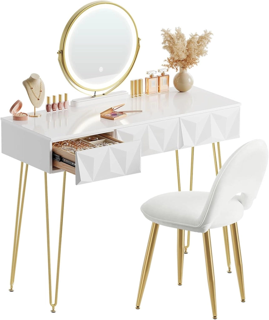 EUGAD Toeletta da Trucco con Luci LED, Luminosità Regolabile, Postazione da Trucco con Sedia in Velluto, con 3 Cassetti, Assemblaggio facile, Bianco e Dorato