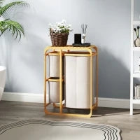Cestino Portabiancheria in Bambù con 3 Sacchi e Ripiani in Tessuto, 50x32x69.7 cm, color Bambù e Crema