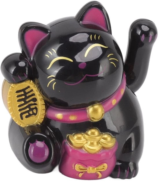 Gatto Fortunato con Braccio Mobili - Nero - Decorazione Cinese - Per Casa e Auto - Plastica