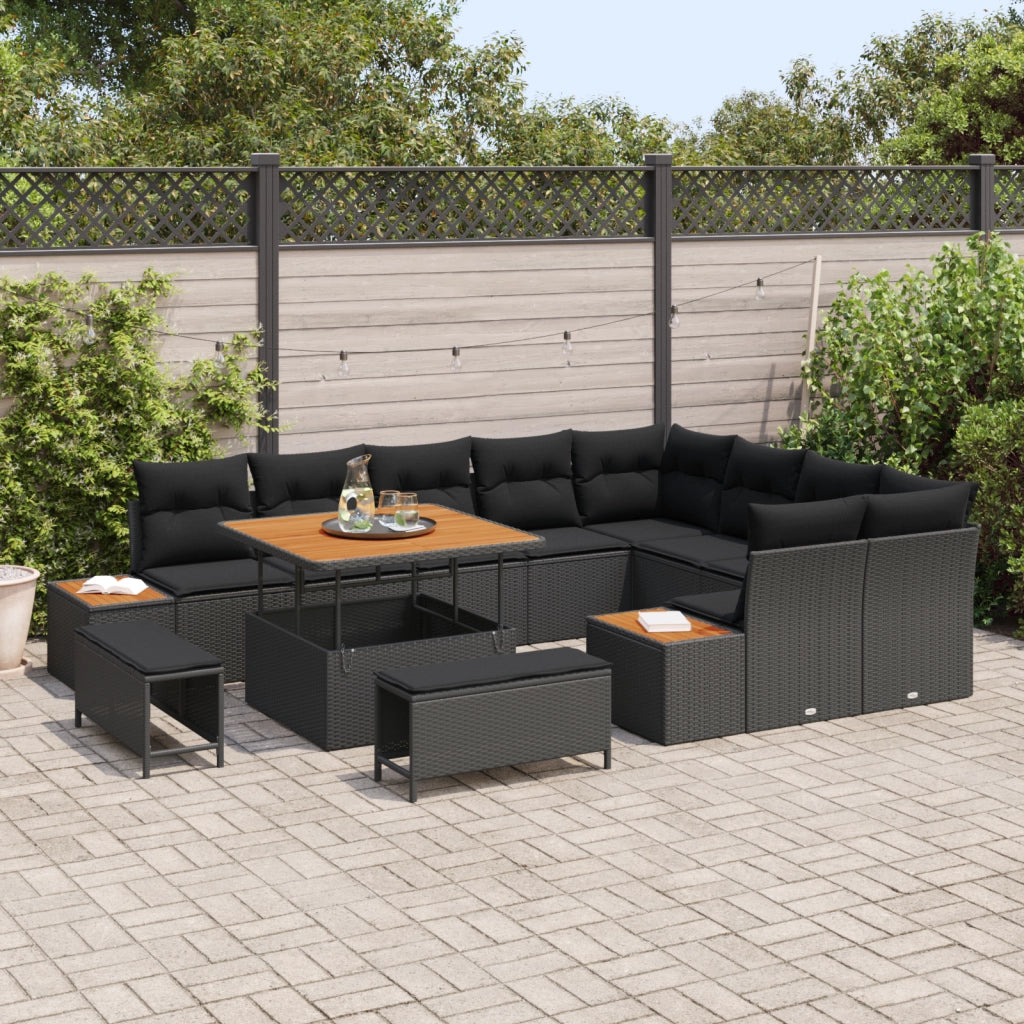 Set Divano da Giardino  12 Pezzi con Cuscini Nero Polyrattan