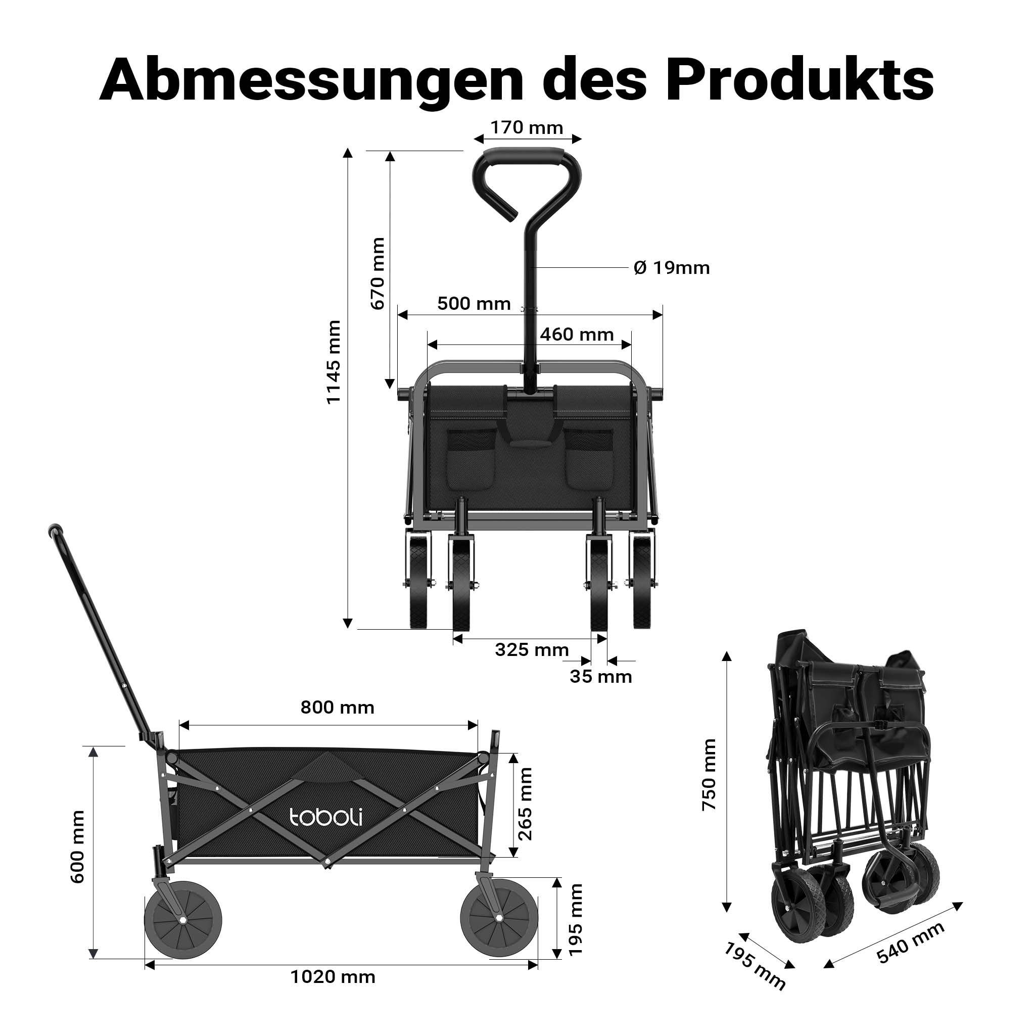 Toboli Carretto a mano pieghevole, max 100 kg, tessuto impermeabile nero, Carrello spiaggia
