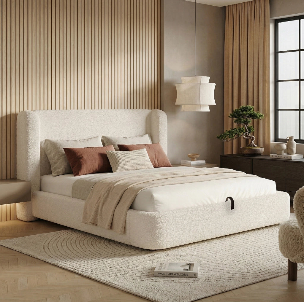 Letto matrimoniale contenitore in bouclé beige con rete e apertura idraulica
