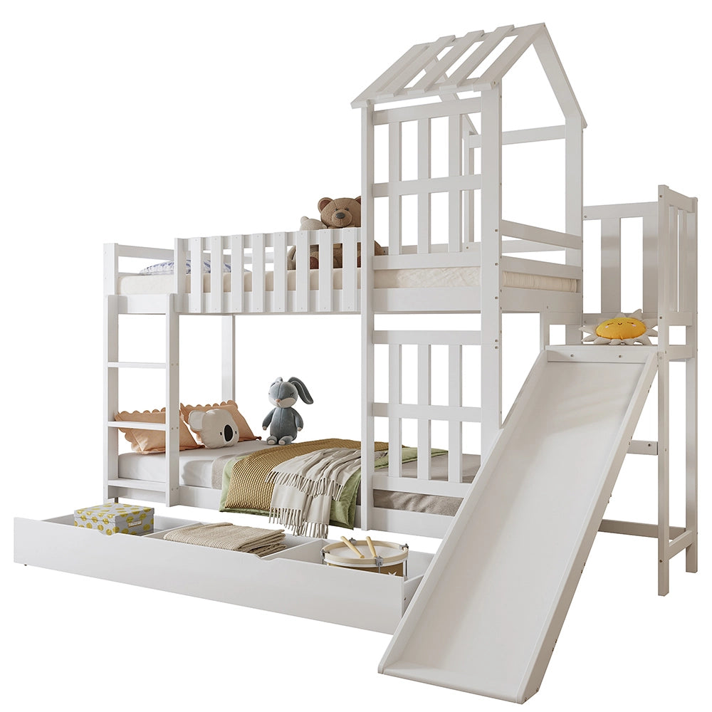 Letto a castello con scivolo - Xylo - 90x200cm bianco, tetto finestrato