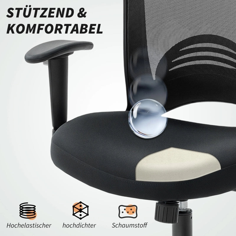 Sedia da ufficio ergonomica con schienale in rete, funzione oscillante e braccioli regolabili in plastica nera