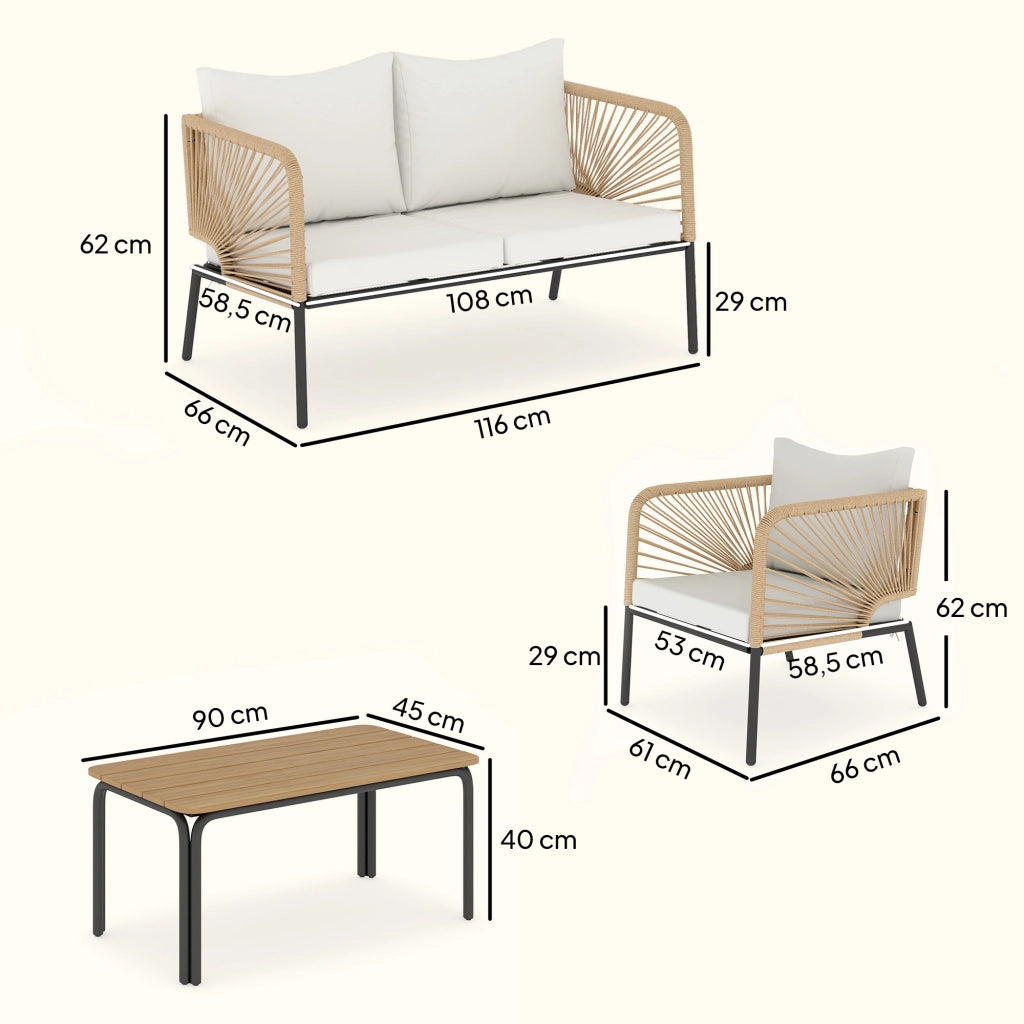 Set Giardino 4 Posti con Divano 2 Posti, 2 Poltrone e Tavolo ¨C Zephmum ¨C Grigio Polyrattan Textilene 135x85x75