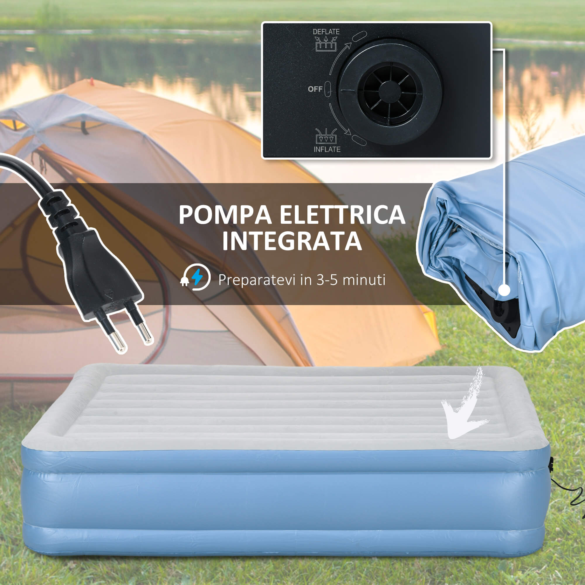 Materasso Gonfiabile Matrimoniale con Pompa di Gonfiaggio Inclusa e Borsa 152x203x46 cm Grigio