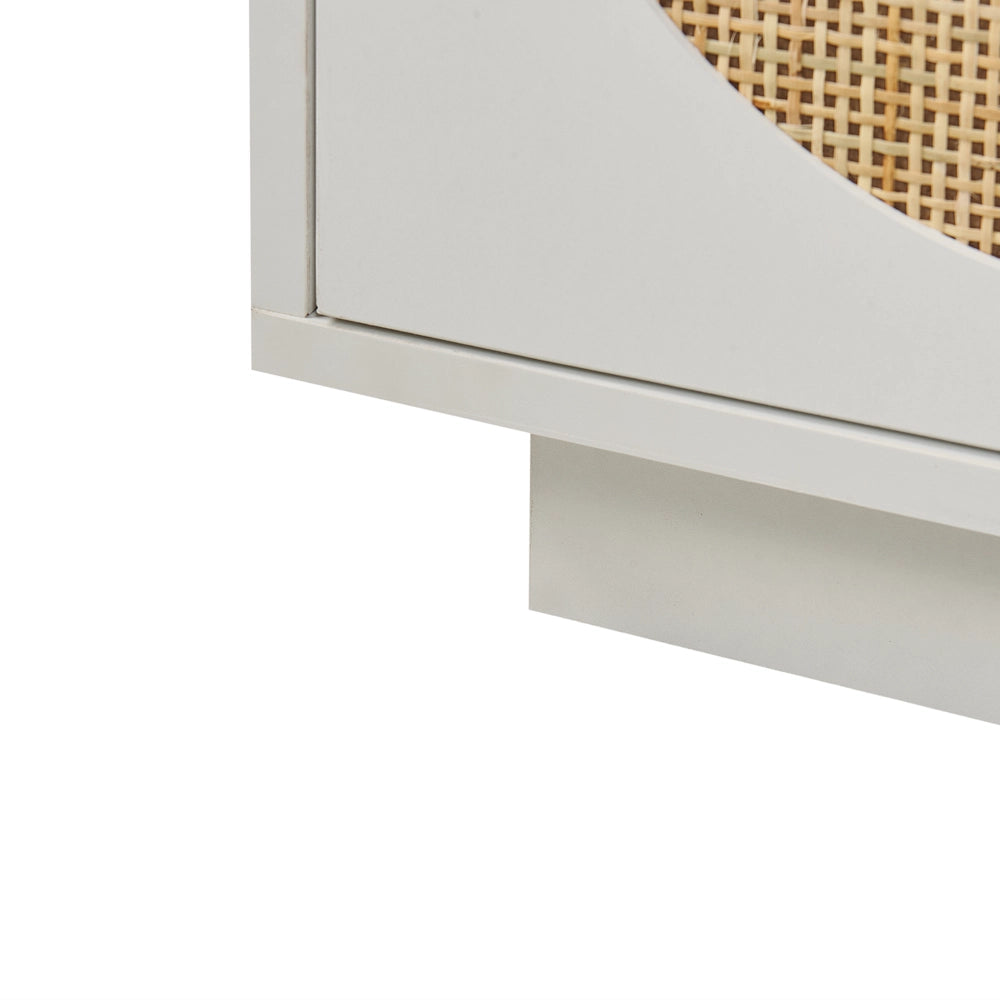 Credenza a 3 ante in legno bianco di manifattura con maniglie a foro frontale in rattan Armadio Soggiorno Camera da letto Stile Boho