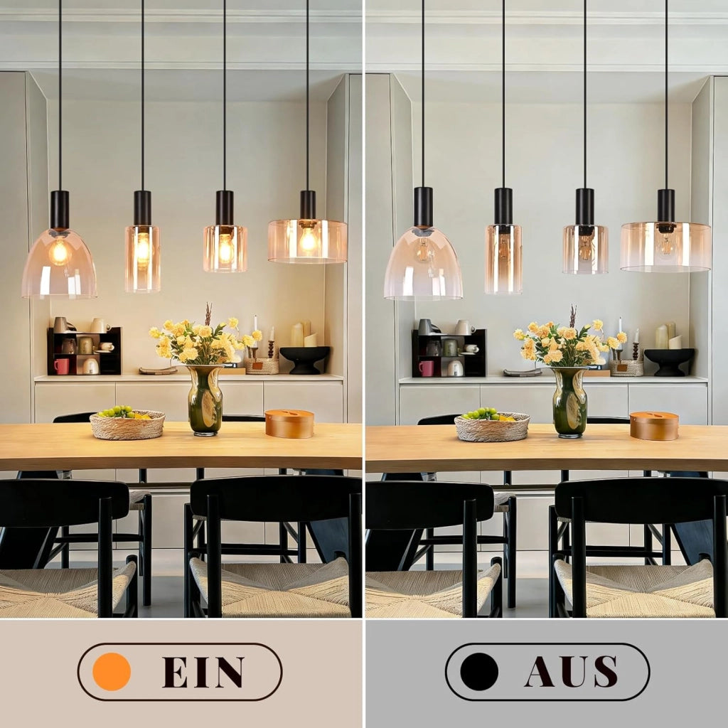ZMH Lampada a Sospensione 4 Luci Vetro Ambra Industriale Altezza Regolabile per Soggiorno Sala da Pranzo Senza Lampadina