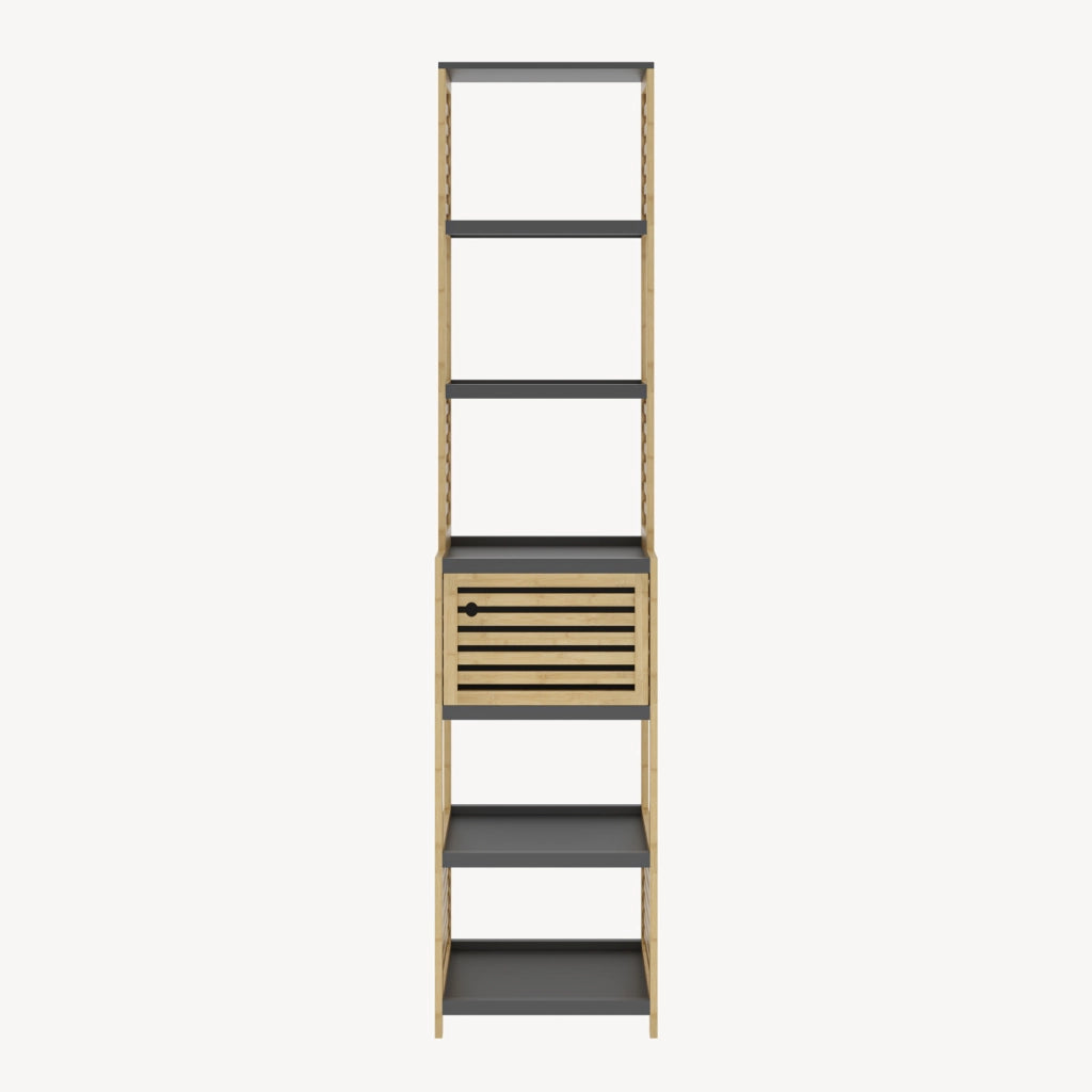 Scaffale da Bagno Kydesby in Bambù con 5 Ripiani Aperti e Scomparto ad Anta 170 x 39 x 30 cm - Naturale / Grigio [en.casa]
