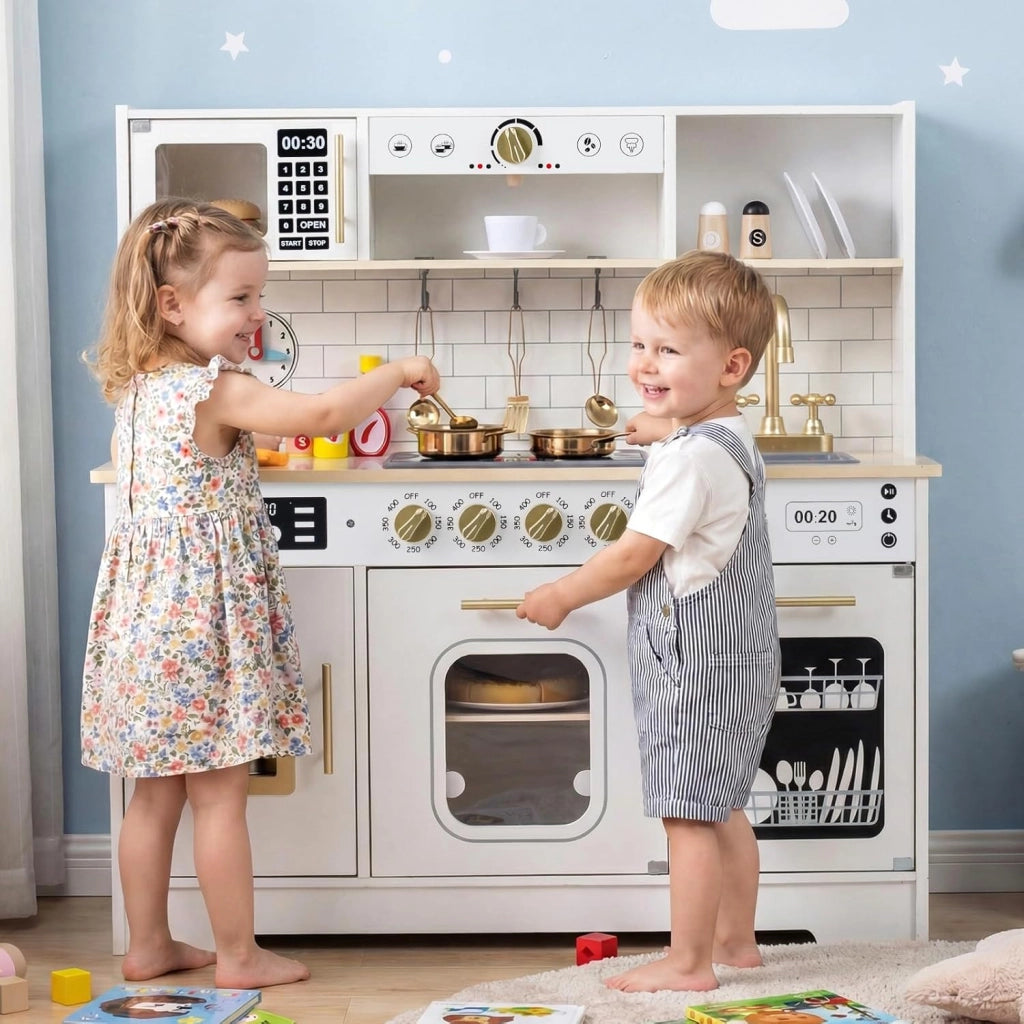 Cucina Giocattolo per Bambini, Set Cucina in Legno con Luci e Suoni Realistici, Fornelli, Lavandino, Rubinetto, Forno, Microonde e Macchina del Caffè, per Bambini 3+ Anni (Bianco)