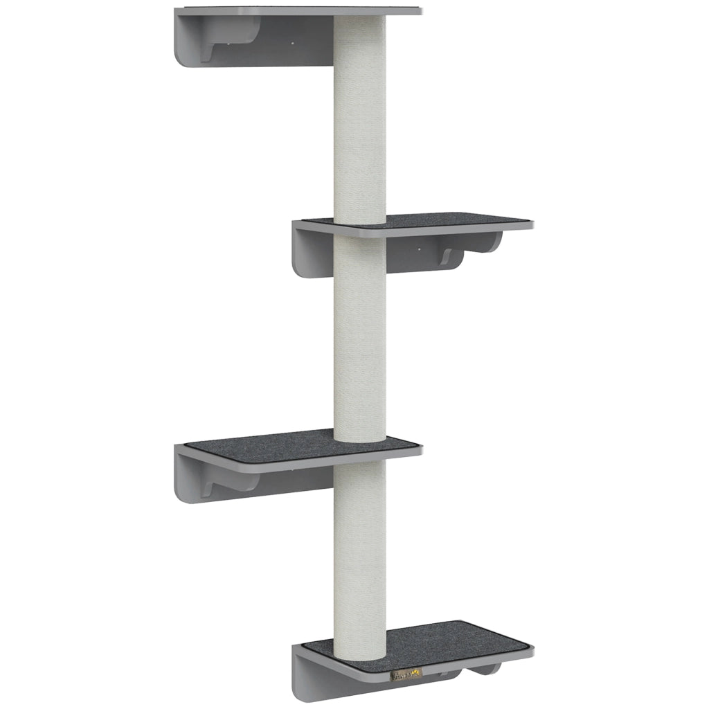 Tiragraffi da Parete per Gatti Altezza 137cm con 4 Piattaforme e 3 Tronchetti in MDF e Iuta Albero per Arrampicata e Gioco