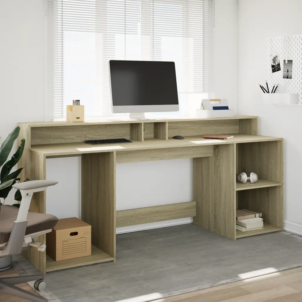 Scrivania con Luci LED Rovere Sonoma 200x55x91cm in Truciolato 3309440