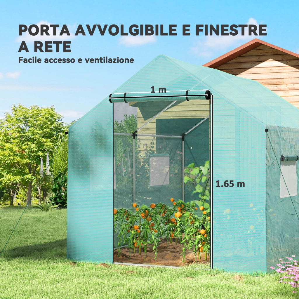 Serra a Tunnel 2x3x2 m con Porte e Finestre Avvolgibili e Tetto a Punta, in Acciaio e PE, Verde
