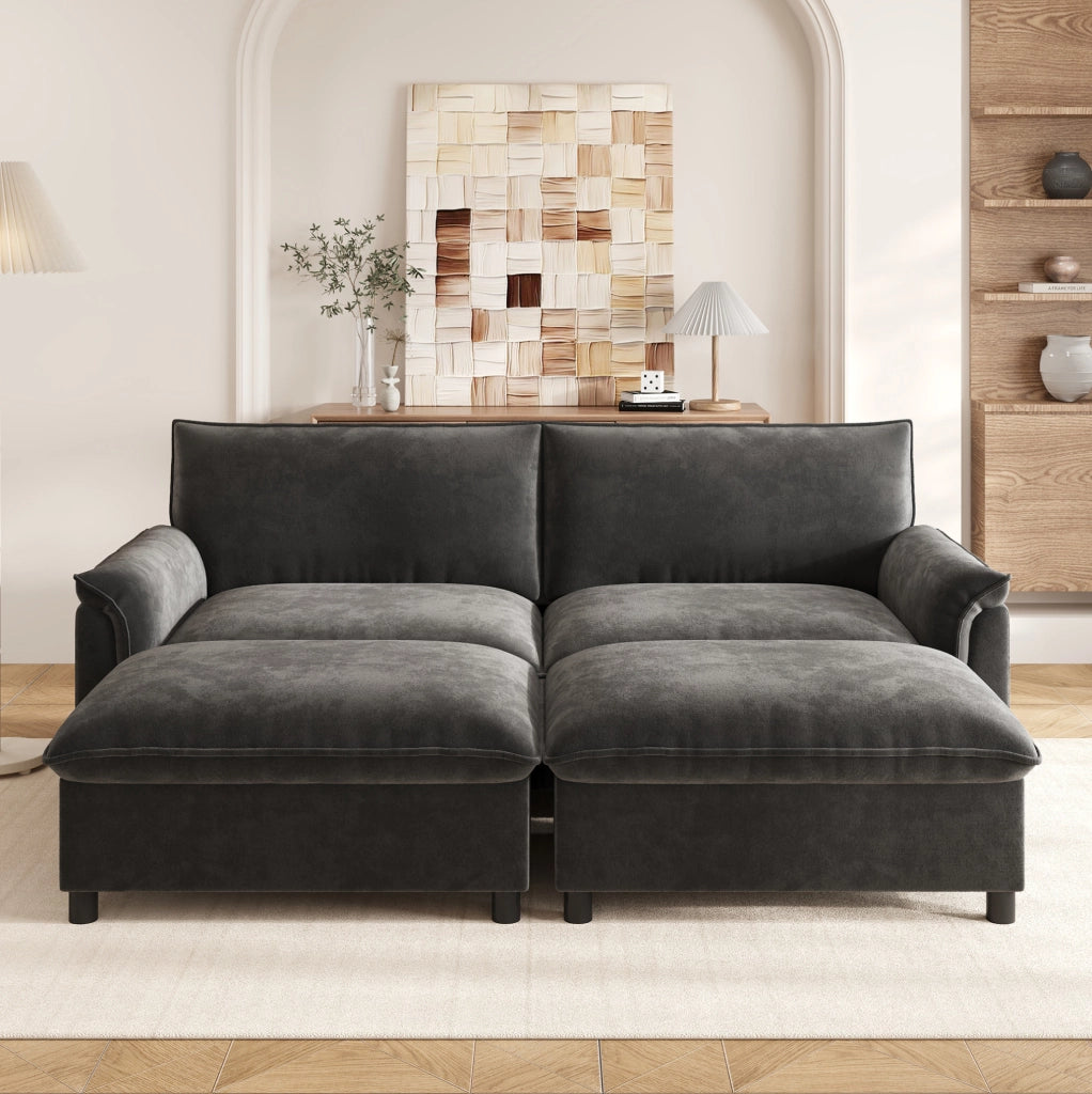 Divano modulare con pouf mobili e vano contenitore, ciniglia grigia