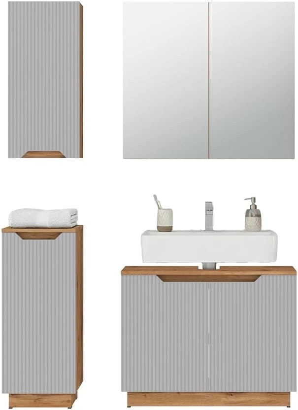 Set di mobili da bagno Lotta, Rovere/grigio a righe, 4 parti