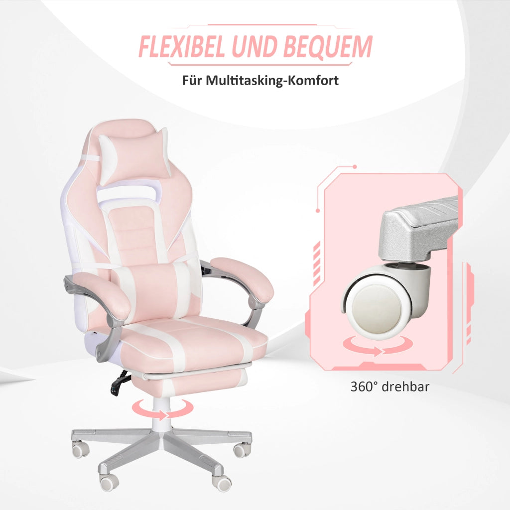 Sedia da gaming girevole con poggiapiedi e schienale reclinabile con cuscini lombare e cervicale in similpelle rosa