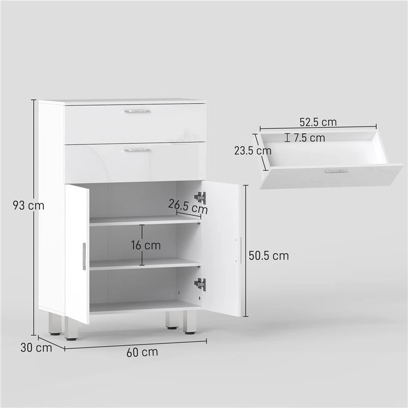 MOBILE BAGNO CON 2 CASSETTI E ARMADIETTO CON RIPIANO REGOLABILE, IN LEGNO, 60X30X93 CM, BIANCO