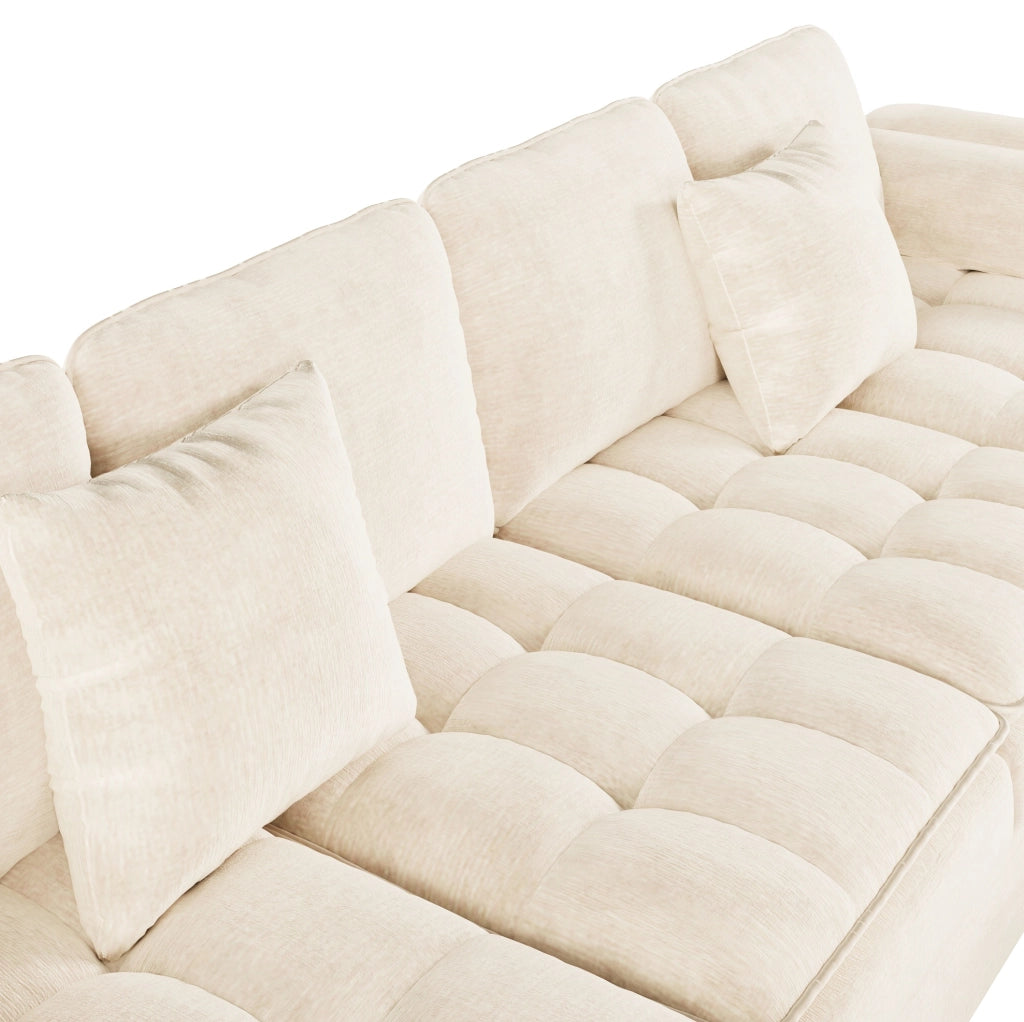 Divano angolare modulare a U per 4-5 persone in ciniglia beige con doppia imbottitura e penisole