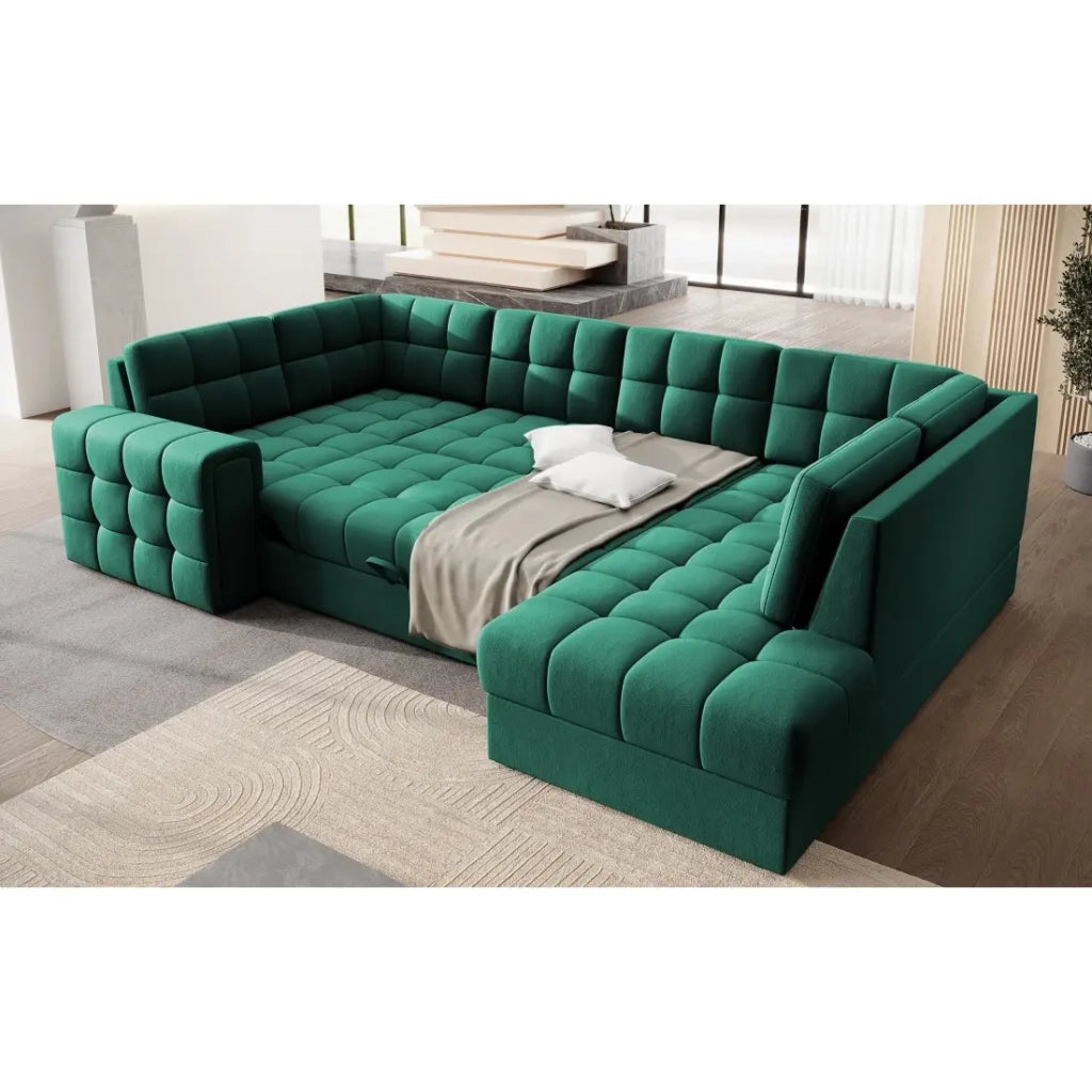 Divano ad angolo convertibile MONTEZA verde 299 cm con contenitore e letto