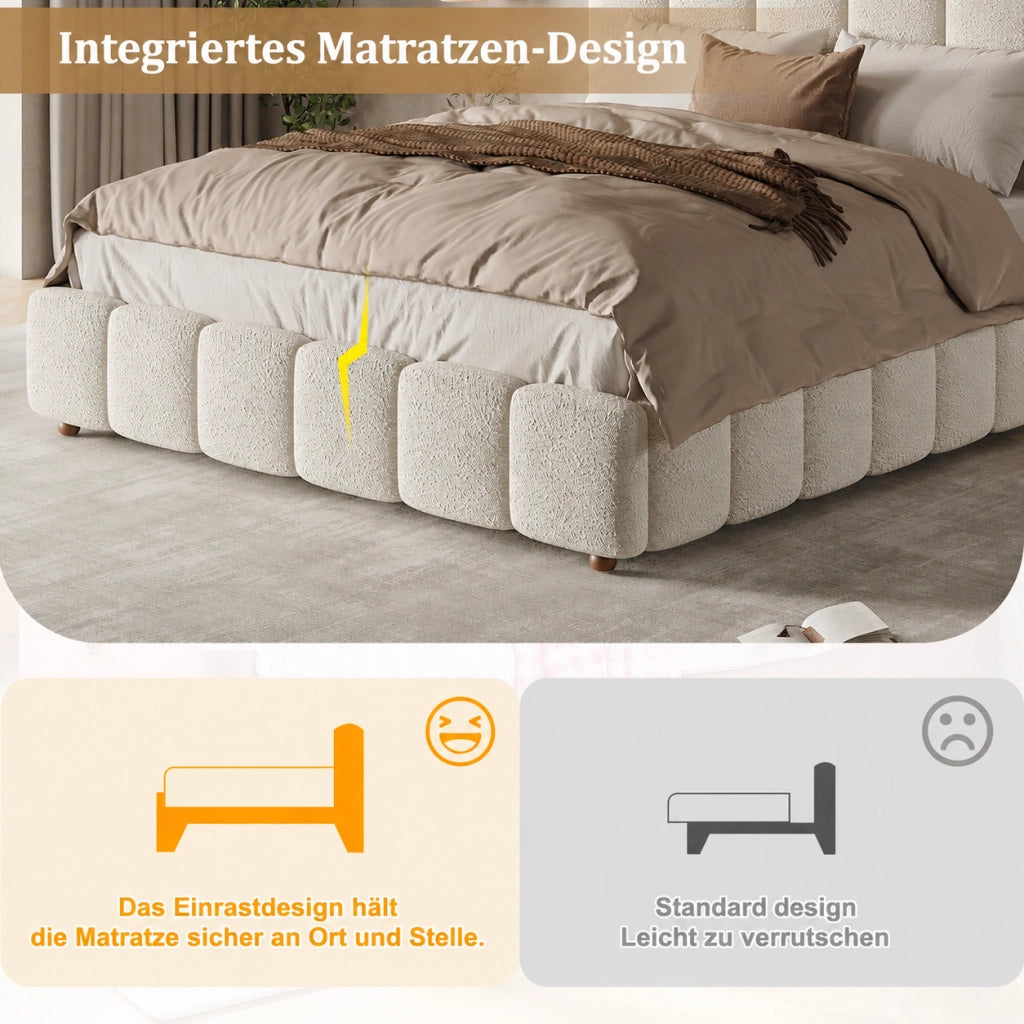Letto imbottito con contenitore idraulico e testiera, 140x190 cm, bouclé bianco