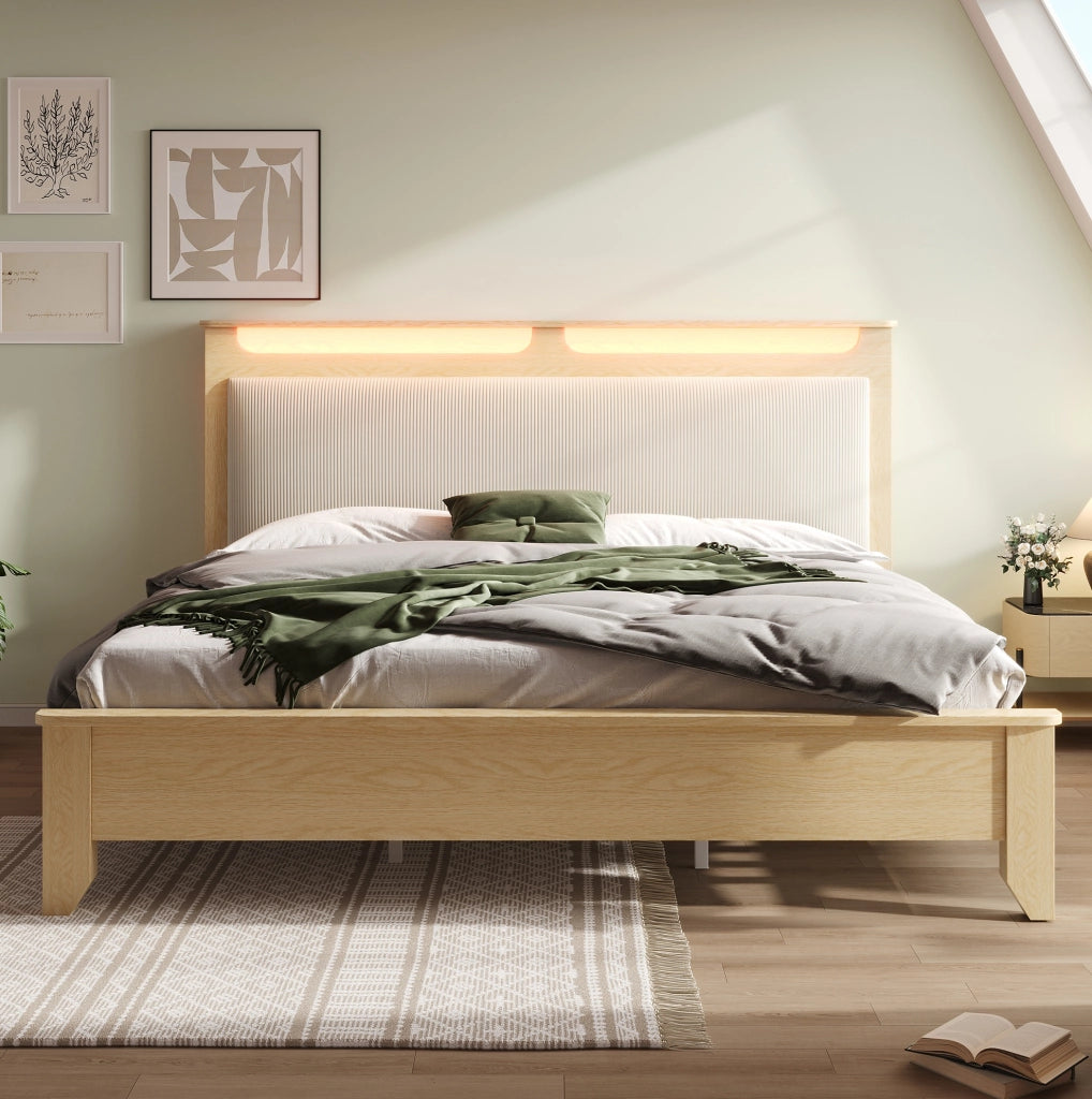 Letto matrimoniale 140x200 cm con LED e testiera contenitore