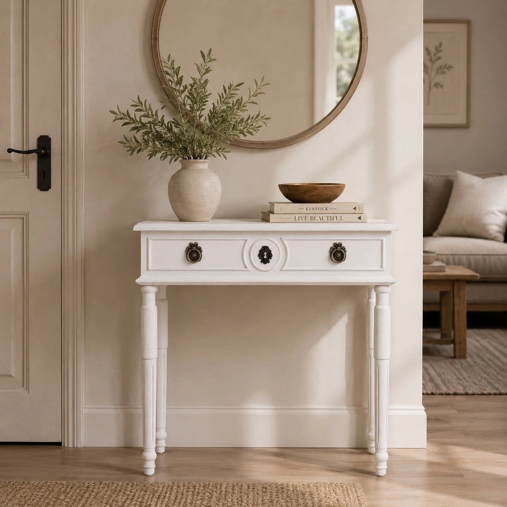 Tavolino da ingresso in legno bianco 71x36,5x74h cm