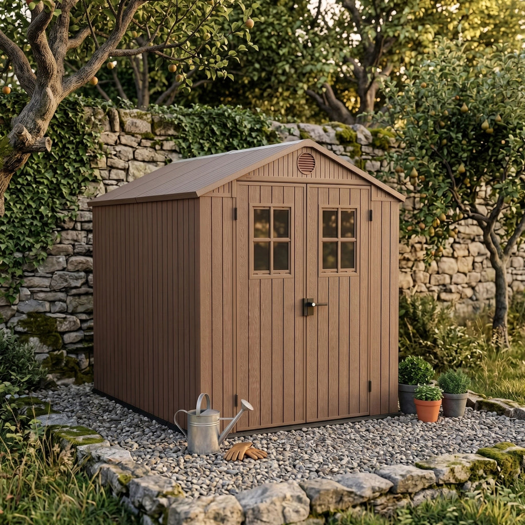 Darwin 6x8 - Casetta da Giardino 190x221x 244 cm 2 Ante per deposito attrezzi finitura effetto legno Evotech+ in Resina Marrone